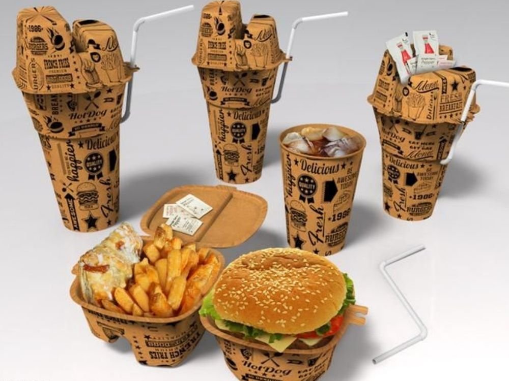 Pack de bolsa de papel take away con menú y bebida personalizado